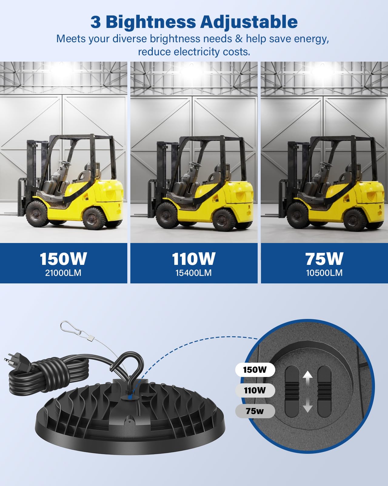Flakeeper UFO High Bay Light adjustable wattage setup demonstrates versatile brightness