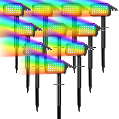 Flaow solar spotlights front view, 10-pack, vibrant outdoor color changing.