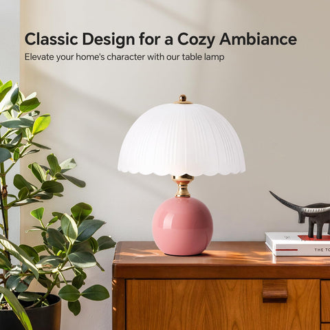 Flashine Glass shade mushroom detail adds vintage charm to nightstand