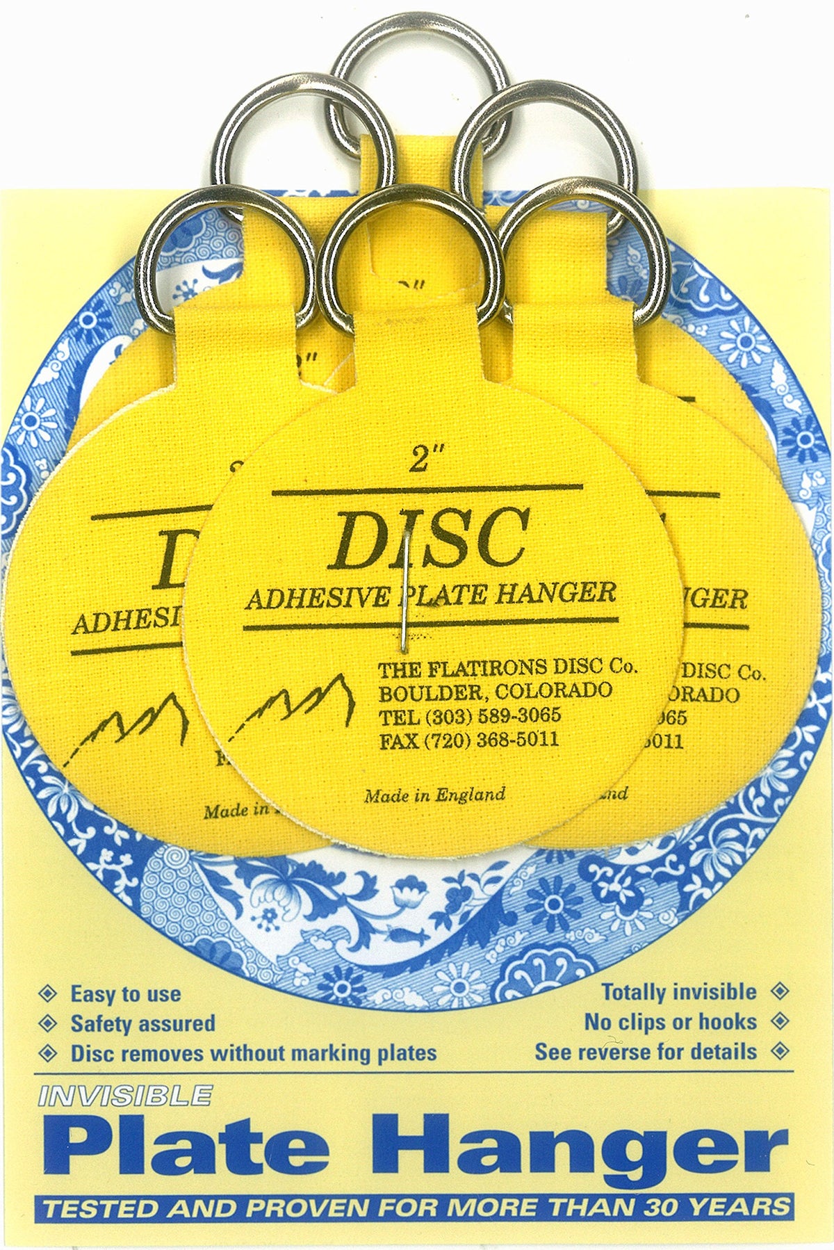 Flatirons Disc adhesive plate hangers, assembly view, easy setup for secure wall display.