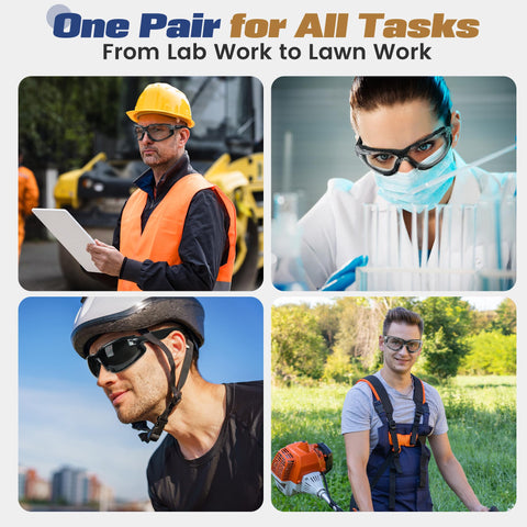 Flaya versatile eyewear suited for lab, woodworking, mowing, and outdoor tasks.