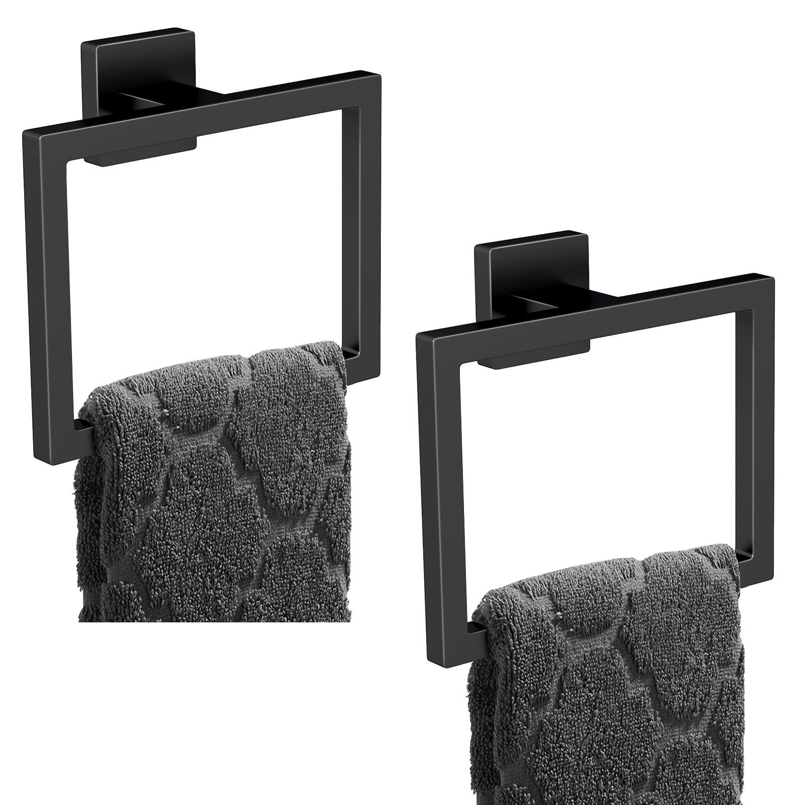 FLE matte black square towel ring two-pack for bathroom organization