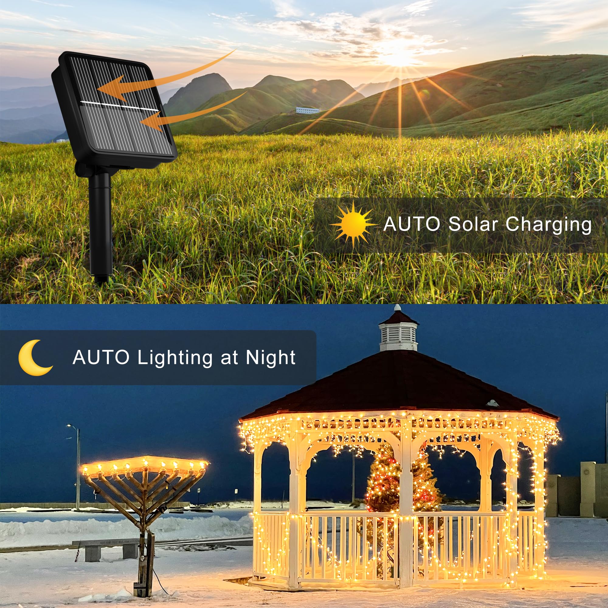 Flechllary 78ft 200 LED warm white lights illuminate patios with energy-efficient glow.