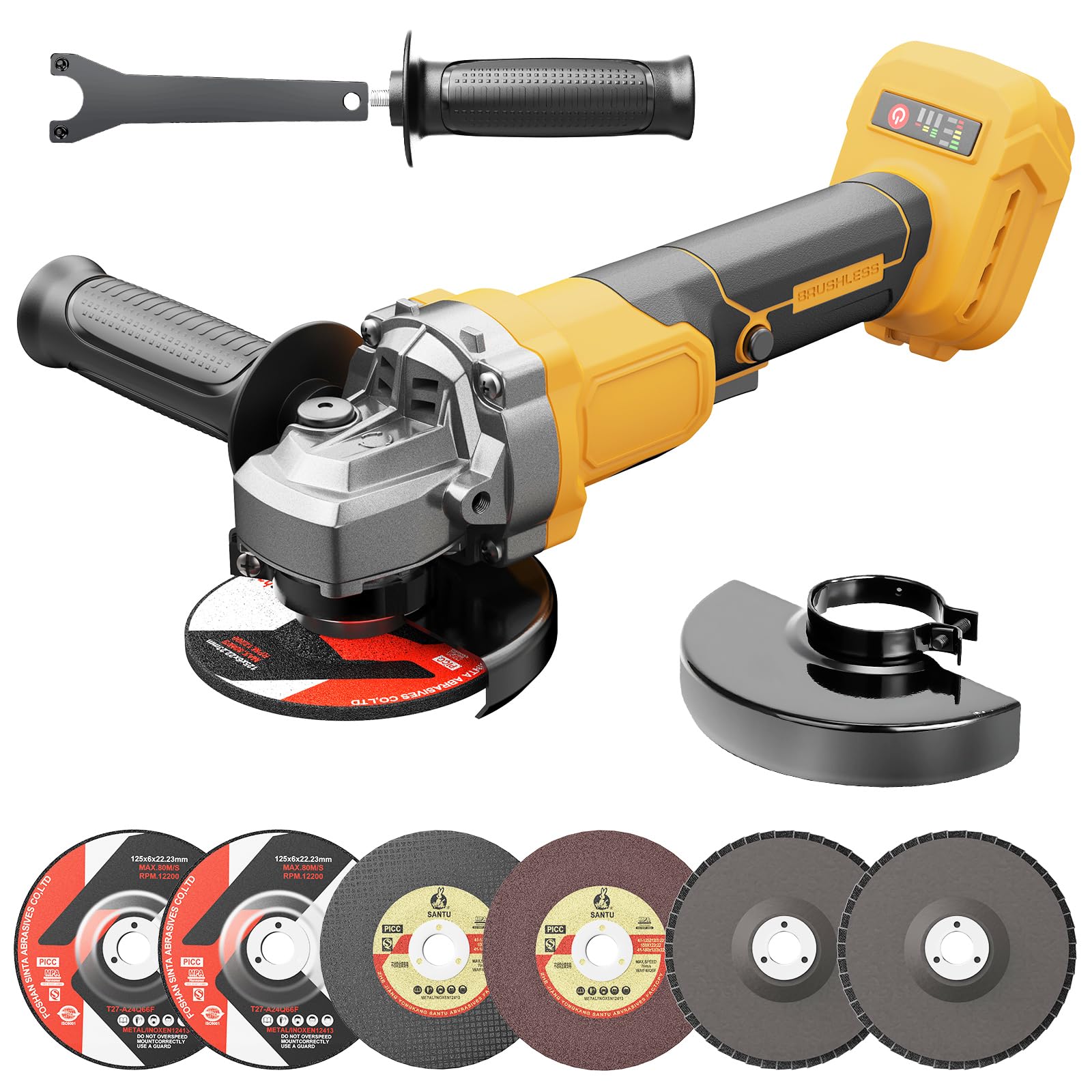 Fledukten cordless angle grinder showing DeWalt 20V MAX compatibility for easy battery pairing.