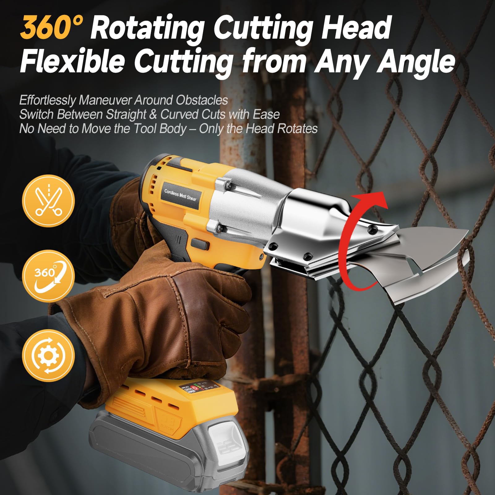 Fledukten cordless metal shears demonstrating DeWalt 20V Max battery compatibility.