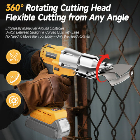 Fledukten cordless metal shears demonstrating DeWalt 20V Max battery compatibility.
