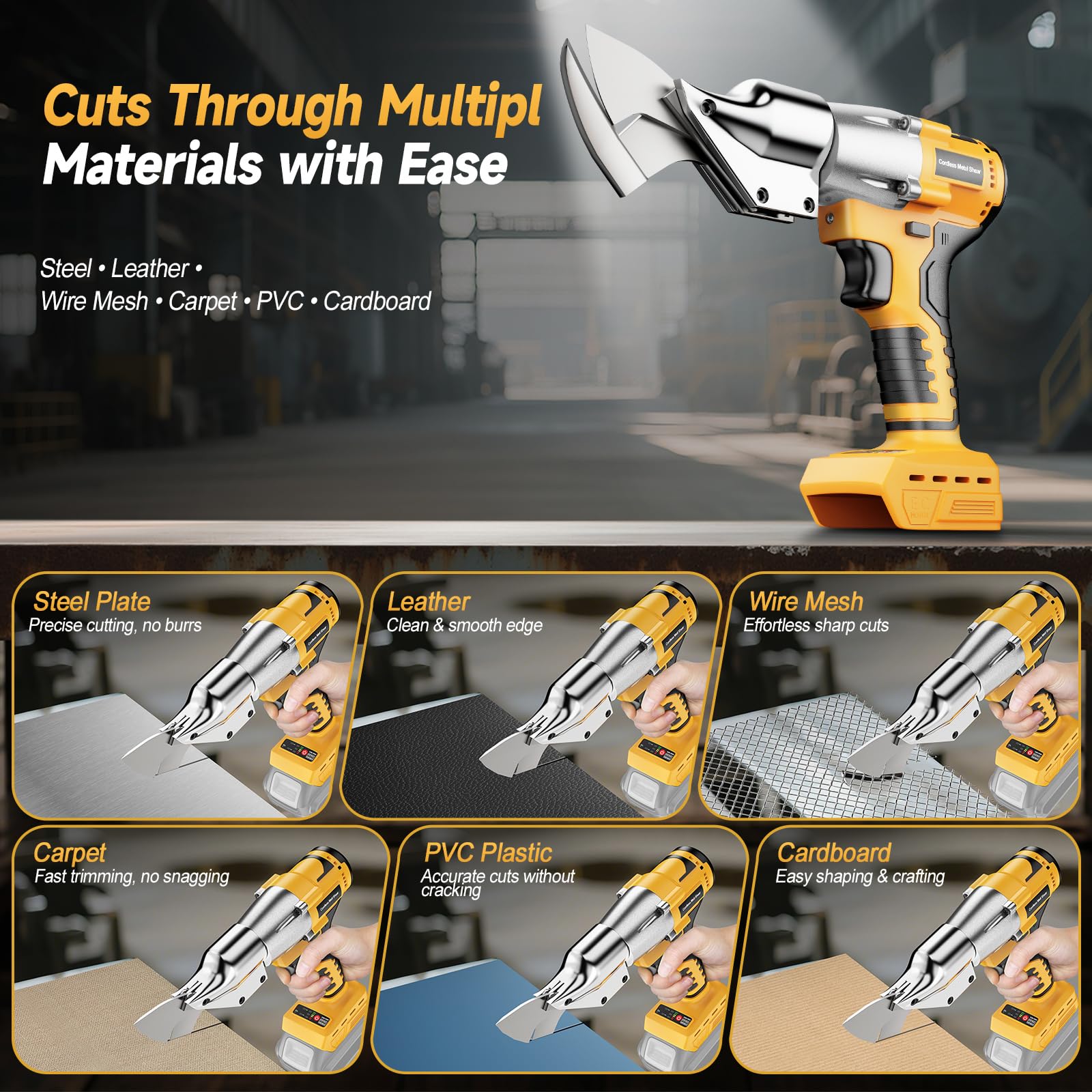 Fledukten cordless metal shears performing multi-material cutting on metals and plastics.