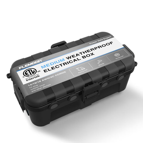 Flemoon outdoor box front view showing compact size for outdoor setups and protected access.