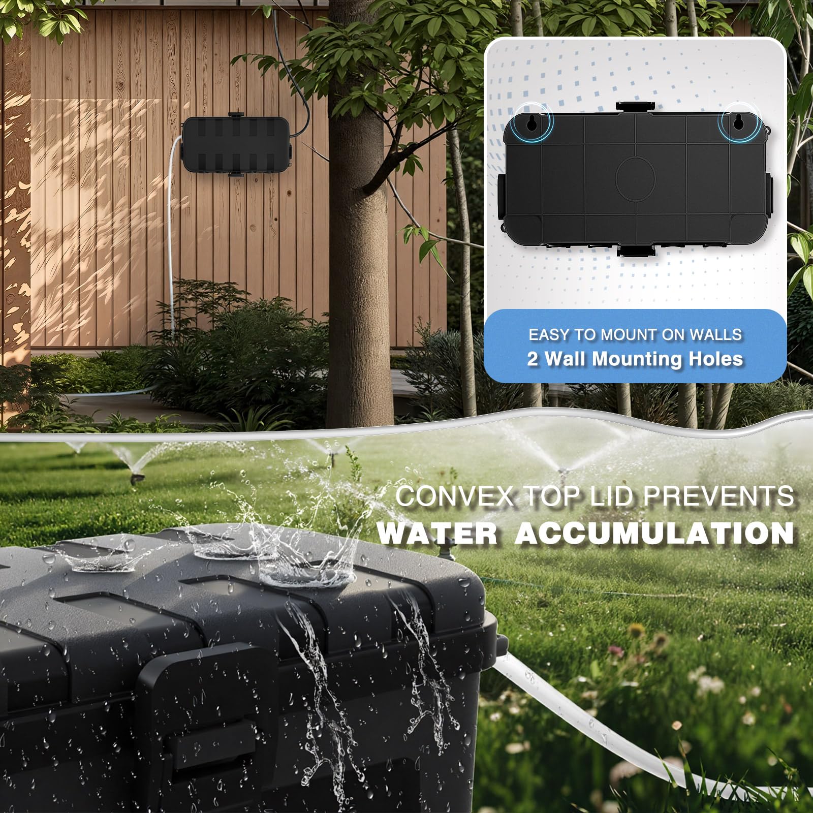 Flemoon outdoor box hanging mount shows back slots for wall or fence mounting.
