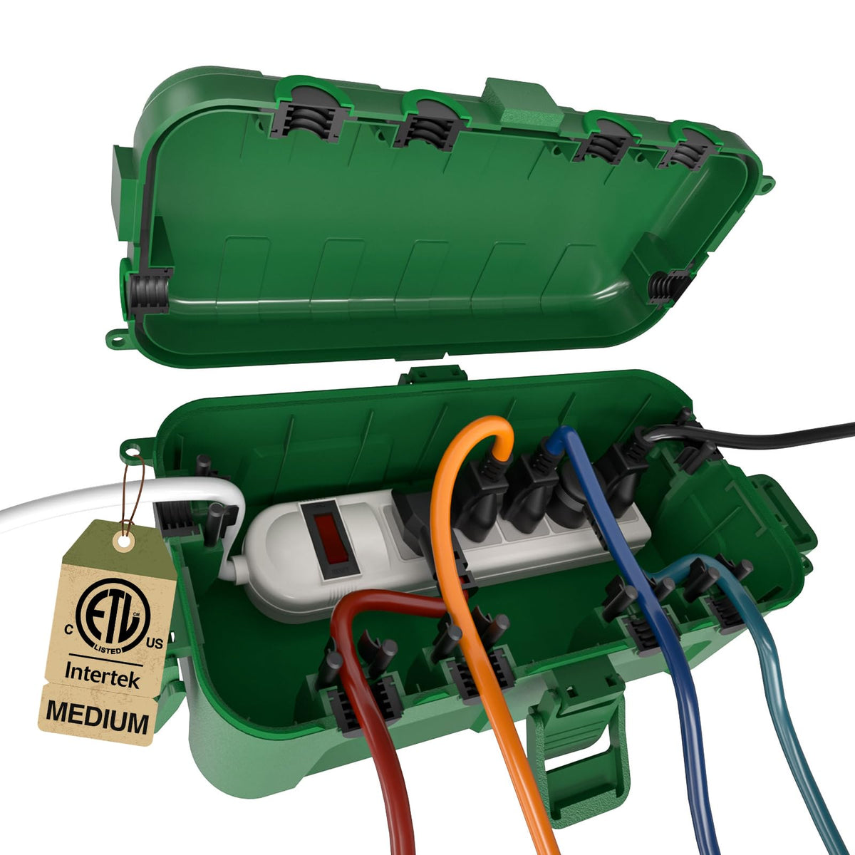 Flemoon outdoor box side view shows six ports for tidy cord management.