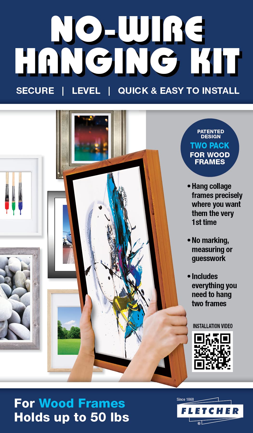 Fletcher Picture Perfect No-Wire Hanging System supports up to 50 lbs for larger frames.