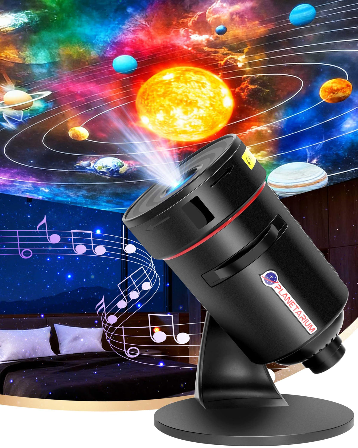 FLEWKEN Galaxy Projector front view shows a bright star field for cozy bedroom ambiance.