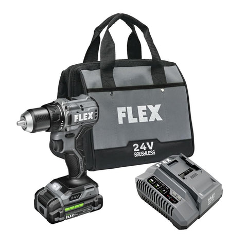 FLEX 24V brushless drill front view highlighting compact power.