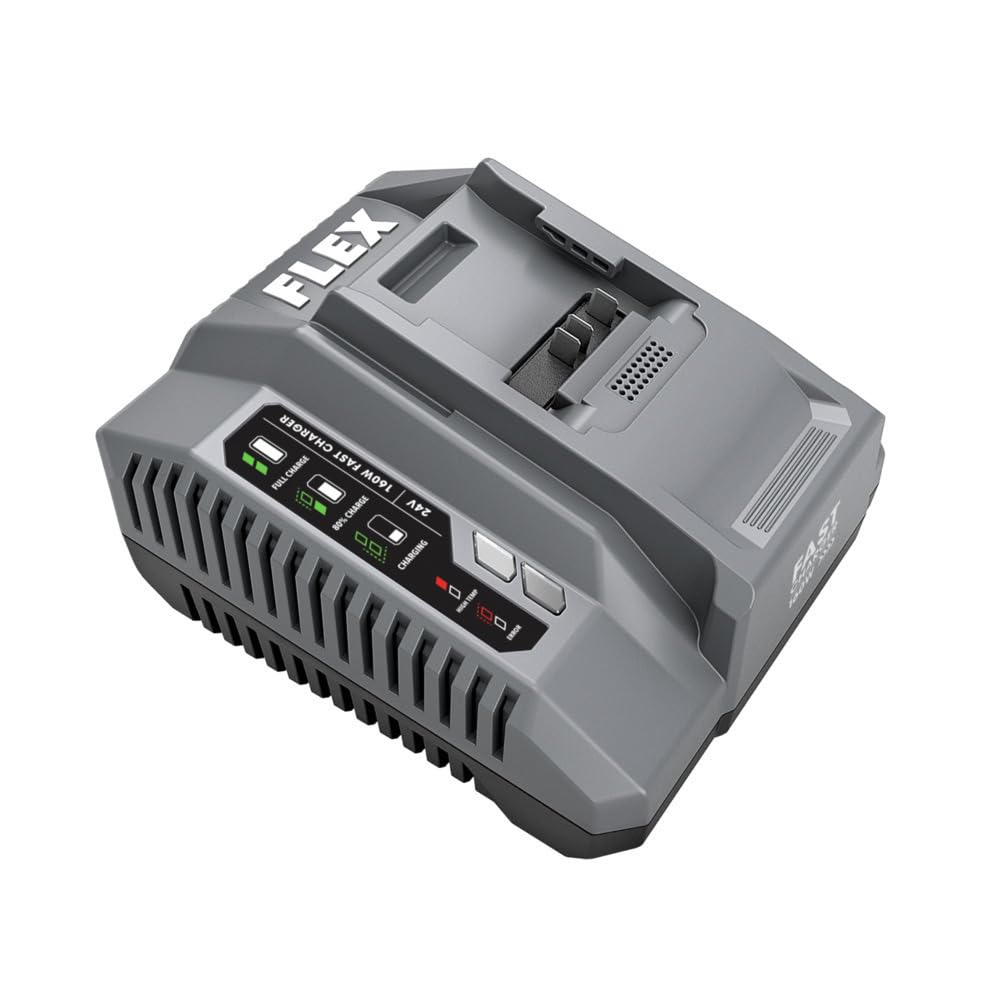 FLEX 24V fast charger front view highlighting key features for rapid charging
