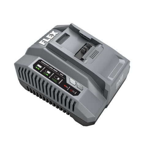 FLEX 24V fast charger front view highlighting key features for rapid charging