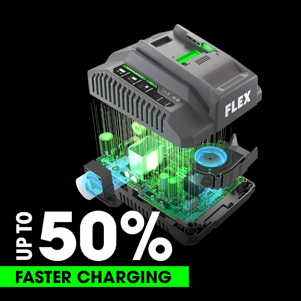 FLEX 24V charger side panel shows compact design for workspace placement