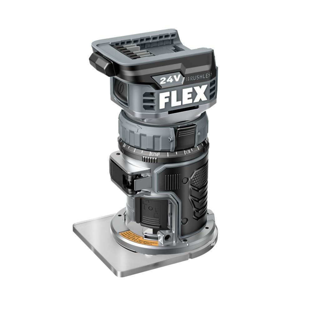 FLEX 24V trim router with spindle stop for quick, safe bit changes