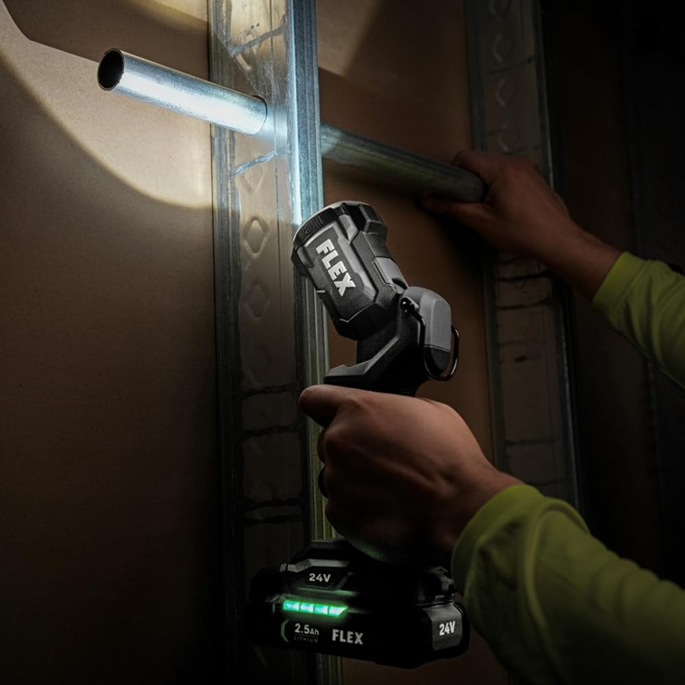FLEX 24V work light adjustable head at 104 degrees for precise lighting.