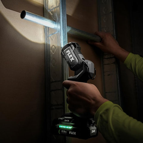 FLEX 24V work light adjustable head at 104 degrees for precise lighting.