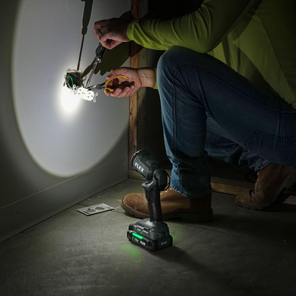 FLEX 24V work light hanging hook in use for overhead illumination.