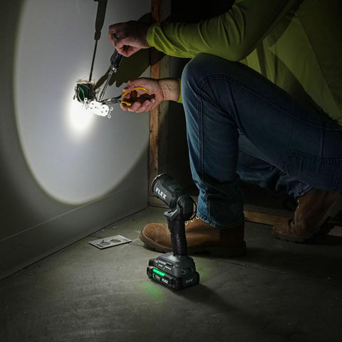 FLEX 24V work light hanging hook in use for overhead illumination.