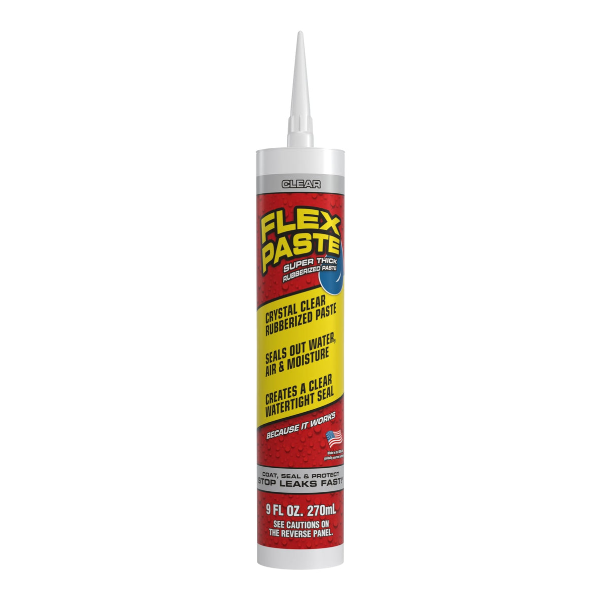 Flex Paste bottle close-up showing sealant ready to block air and water.