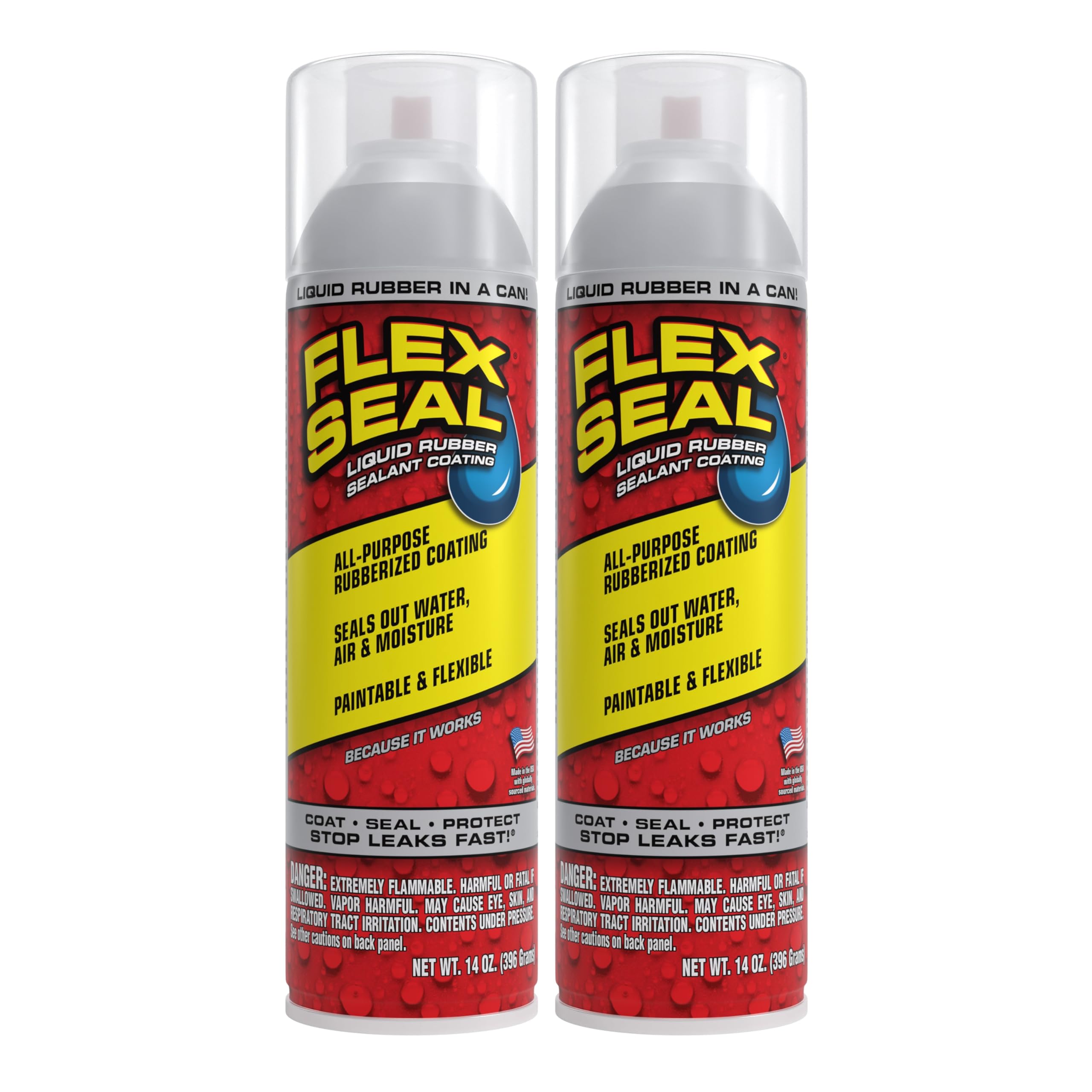 Flex Seal 14 oz clear two-pack cans provide rapid leak protection.