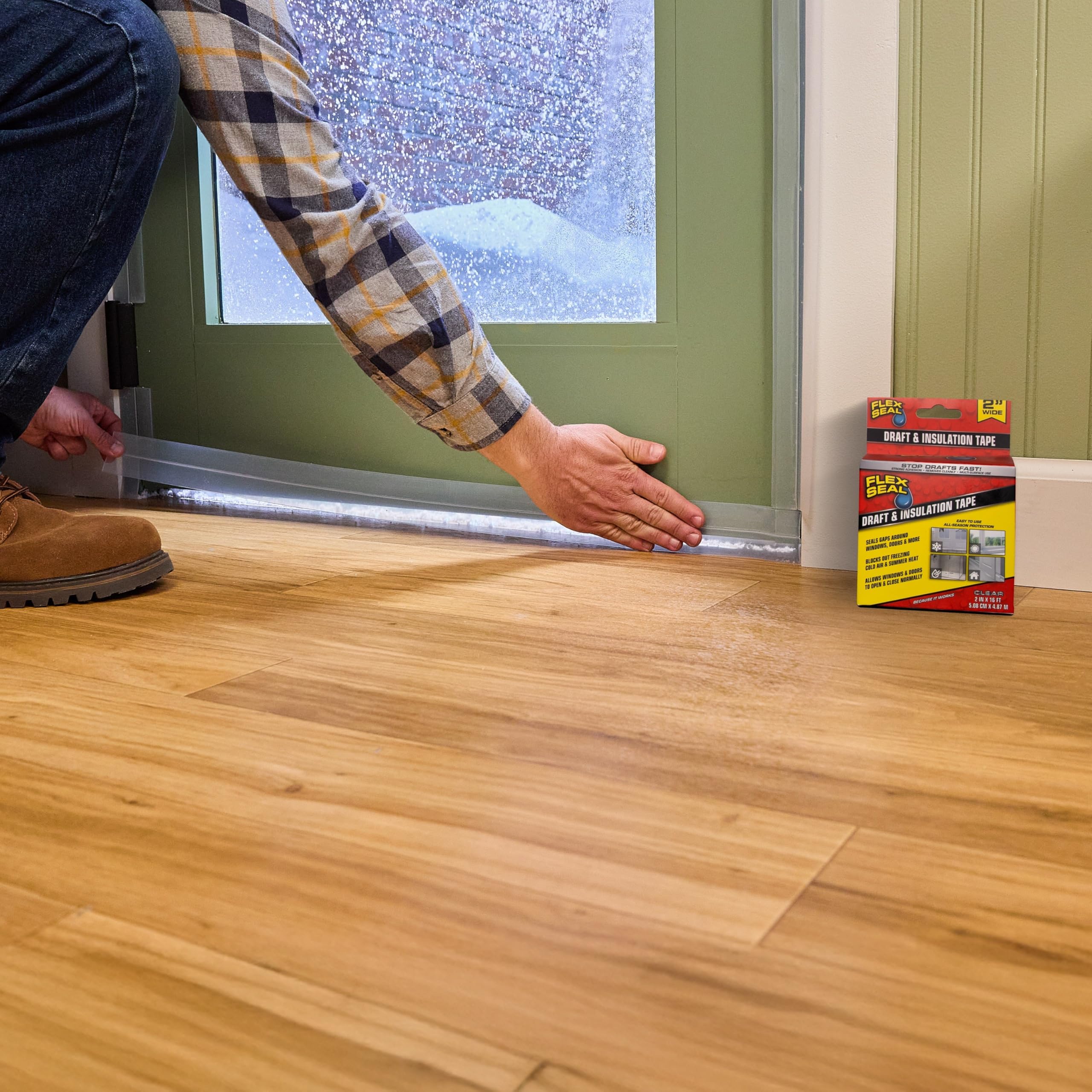 Flex Seal Draft and Insulation Sealing Tape seals a door gap with a discreet clear finish.
