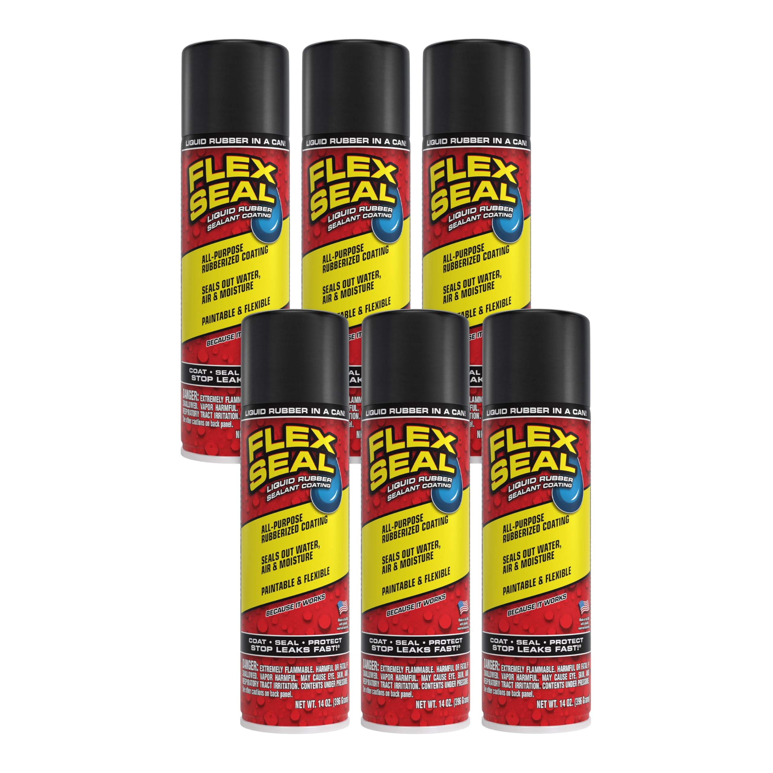 Flex Seal front view with 14-oz black can, ready for sealing.