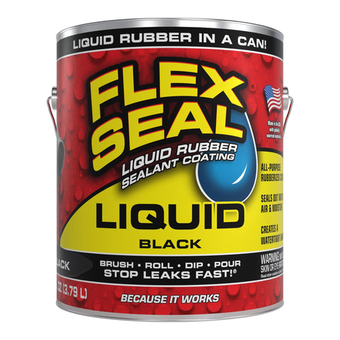 Flex Seal Liquid bottle in black, 1 gal, for waterproof sealing on roofs and basements.