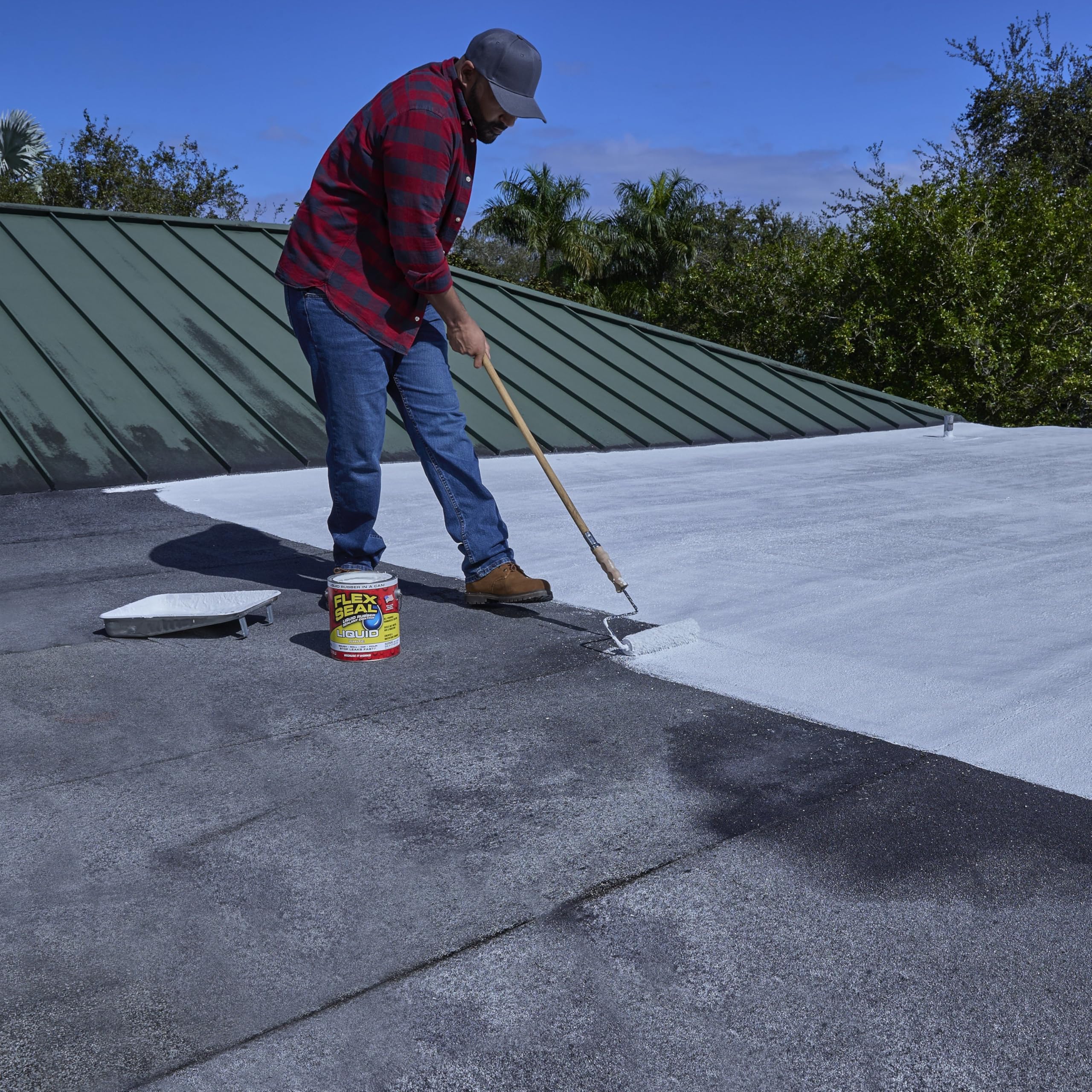 Flex Seal Liquid UV resistant coating under outdoor sun.