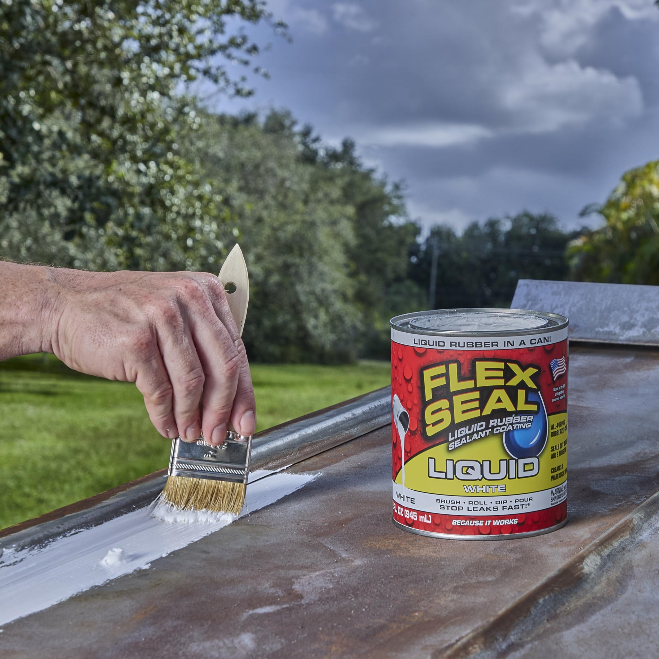 Flex Seal Liquid UV-resistant finish protecting surfaces from sun.