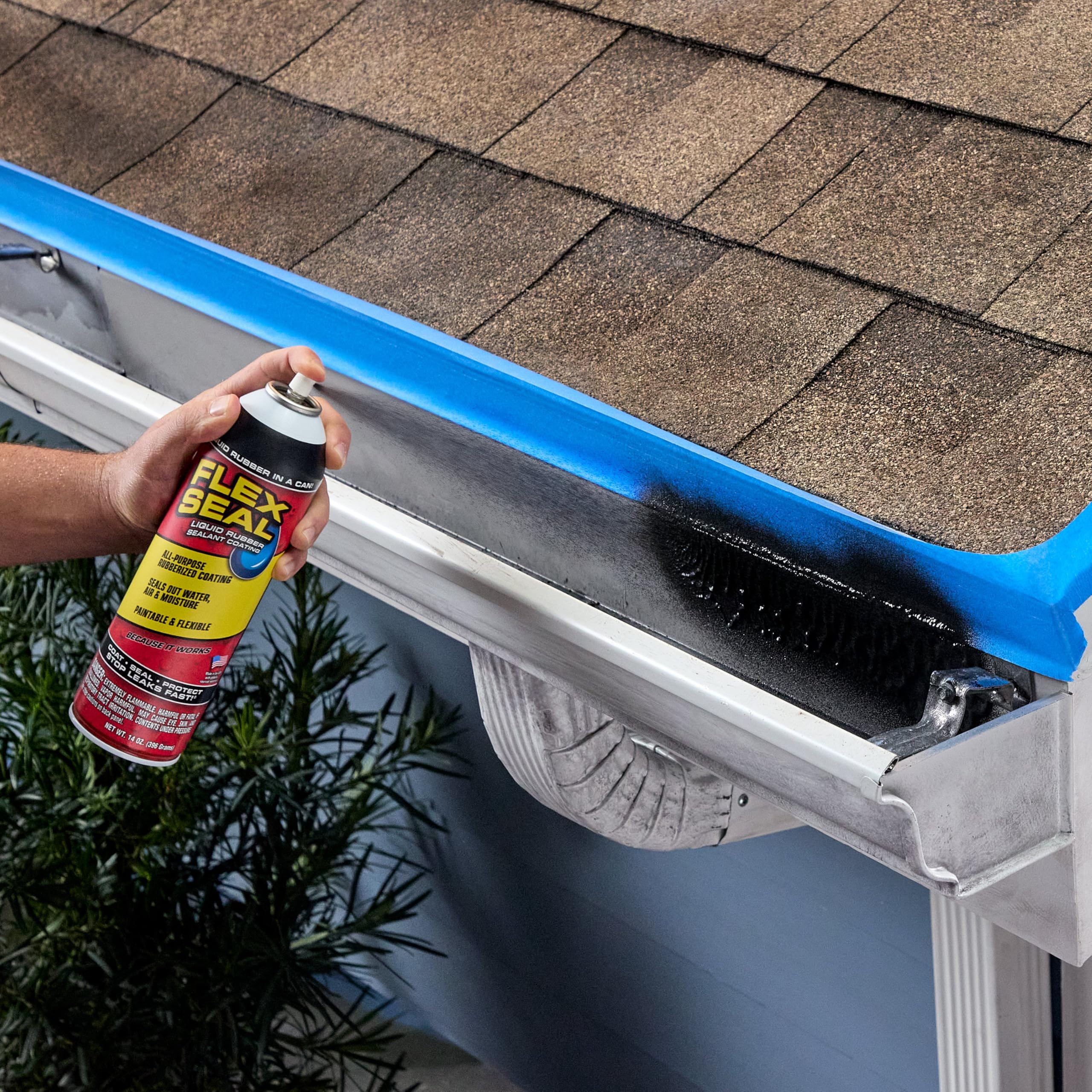 Flex Seal on gutter seam creates a transparent, watertight seal.