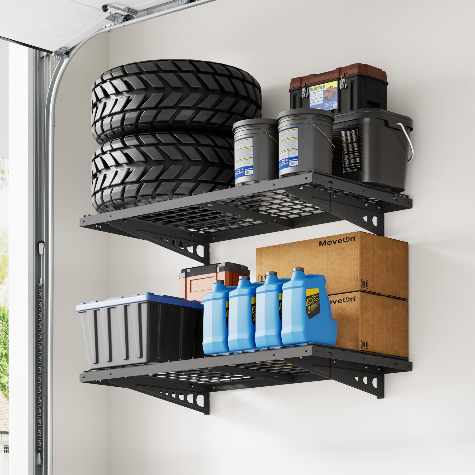 FLEXIMOUNTS garage wall shelves mounted for organized tool storage and easy access.