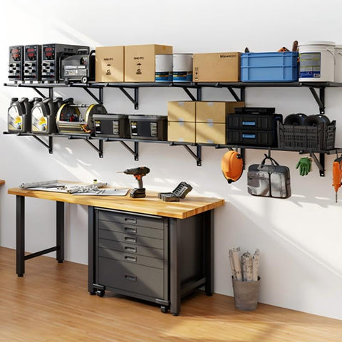 Organizes bins and gear to clear garage floor space with FLEXIMOUNTS.