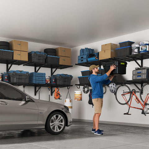 Eight hooks expand storage for cords, paints, and sports gear on FLEXIMOUNTS system.