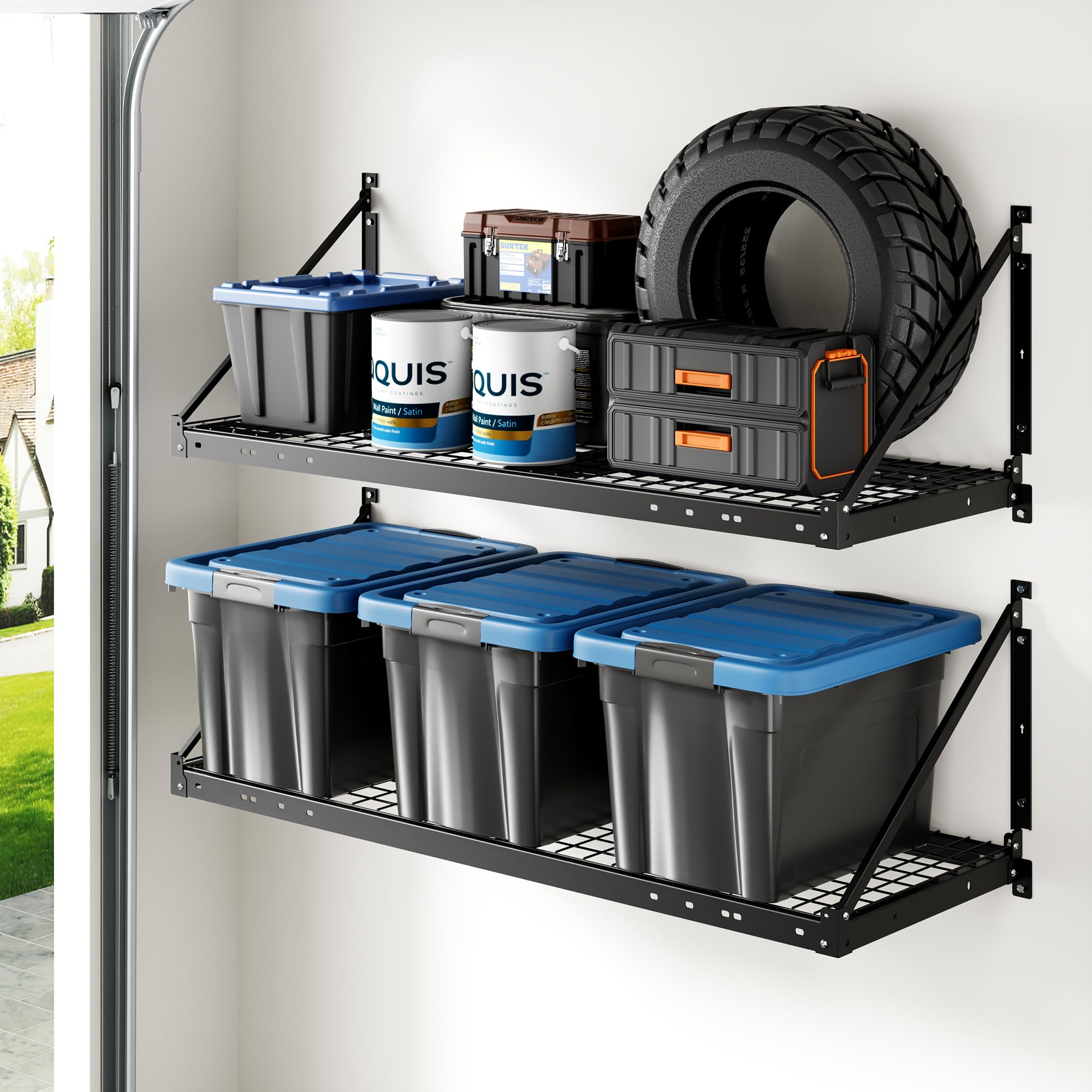 Fleximounts 2x4ft wall shelf assembly demonstrates sturdy mounting for heavy garage storage.
