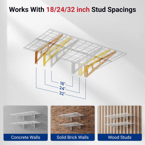 Heavy-load capable shelf holds tires and bins for organized garage