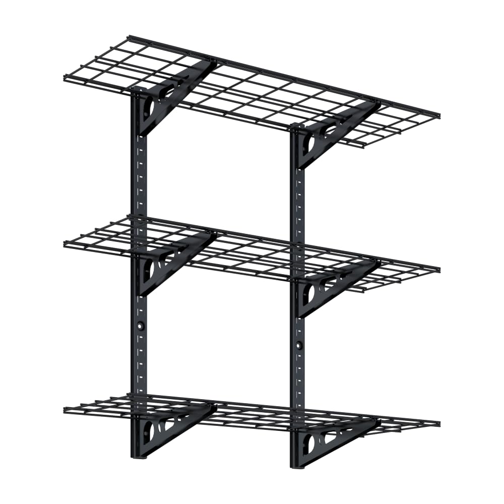 Fleximounts 3-tier garage wall shelf demonstrates heavy-duty storage for tools and gear.