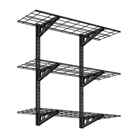 Fleximounts 3-tier garage wall shelf demonstrates heavy-duty storage for tools and gear.