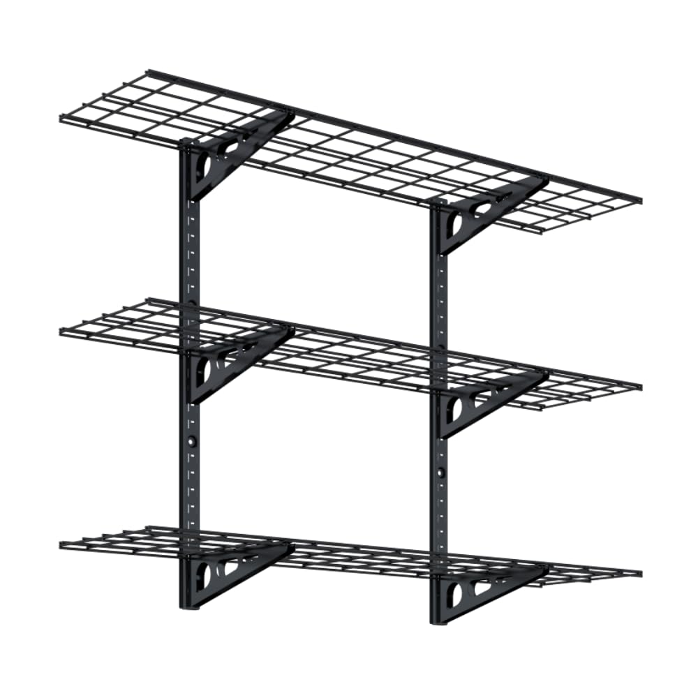 FLEXIMOUNTS 3-tier garage wall shelves demonstrate sturdy tool storage.