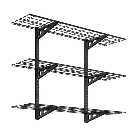 FLEXIMOUNTS 3-tier garage wall shelves demonstrate sturdy tool storage.