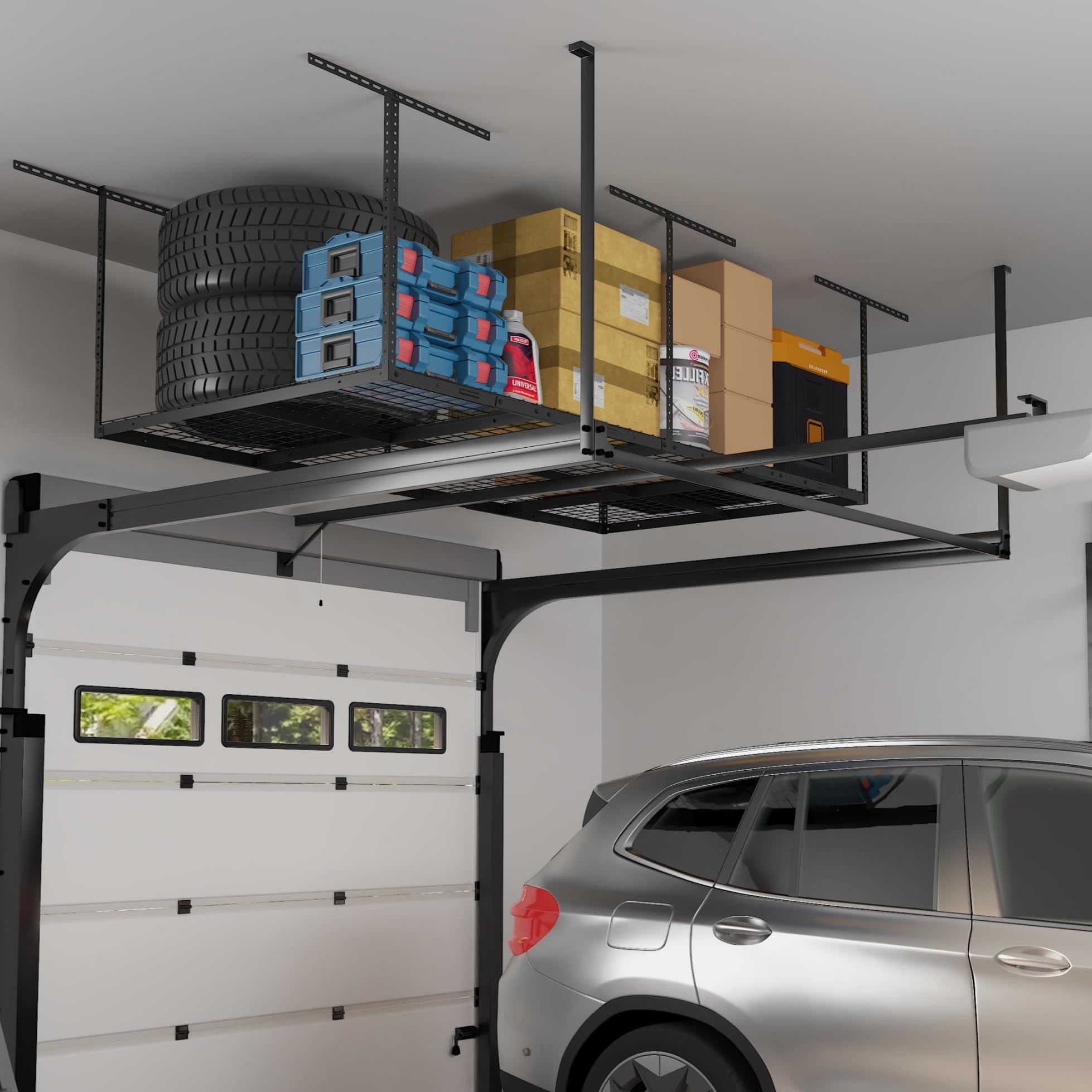 Fleximounts space-saving overhead rack helps reclaim garage area