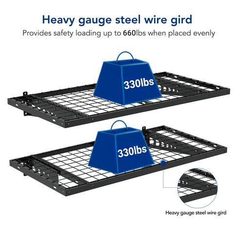FLEXIMOUNTS shelving supporting up to 660 pounds across two shelves.