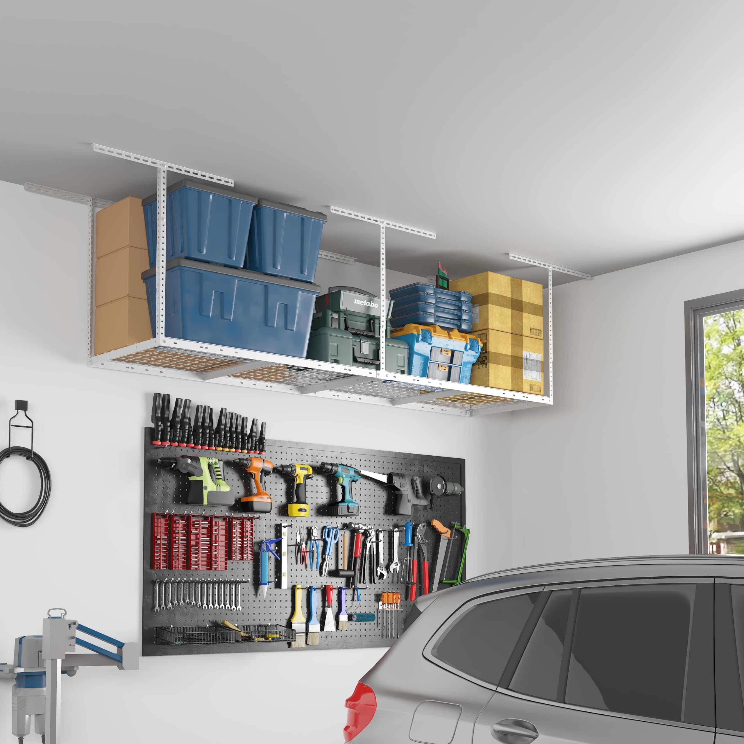FLEXIMOUNTS ample storage space frees garage floor for vehicles