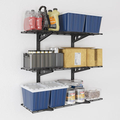 Fleximounts bike and sports gear storage on sturdy wall shelving.