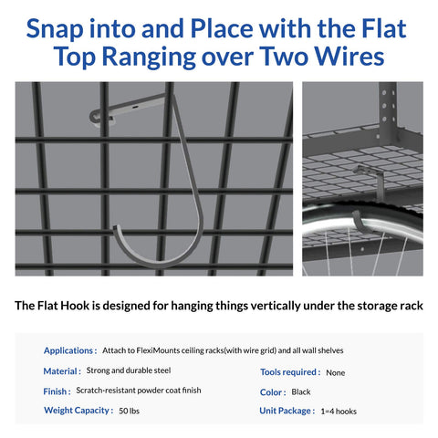 FLEXIMOUNTS flat hook with scratch-resistant finish for durable garage use.