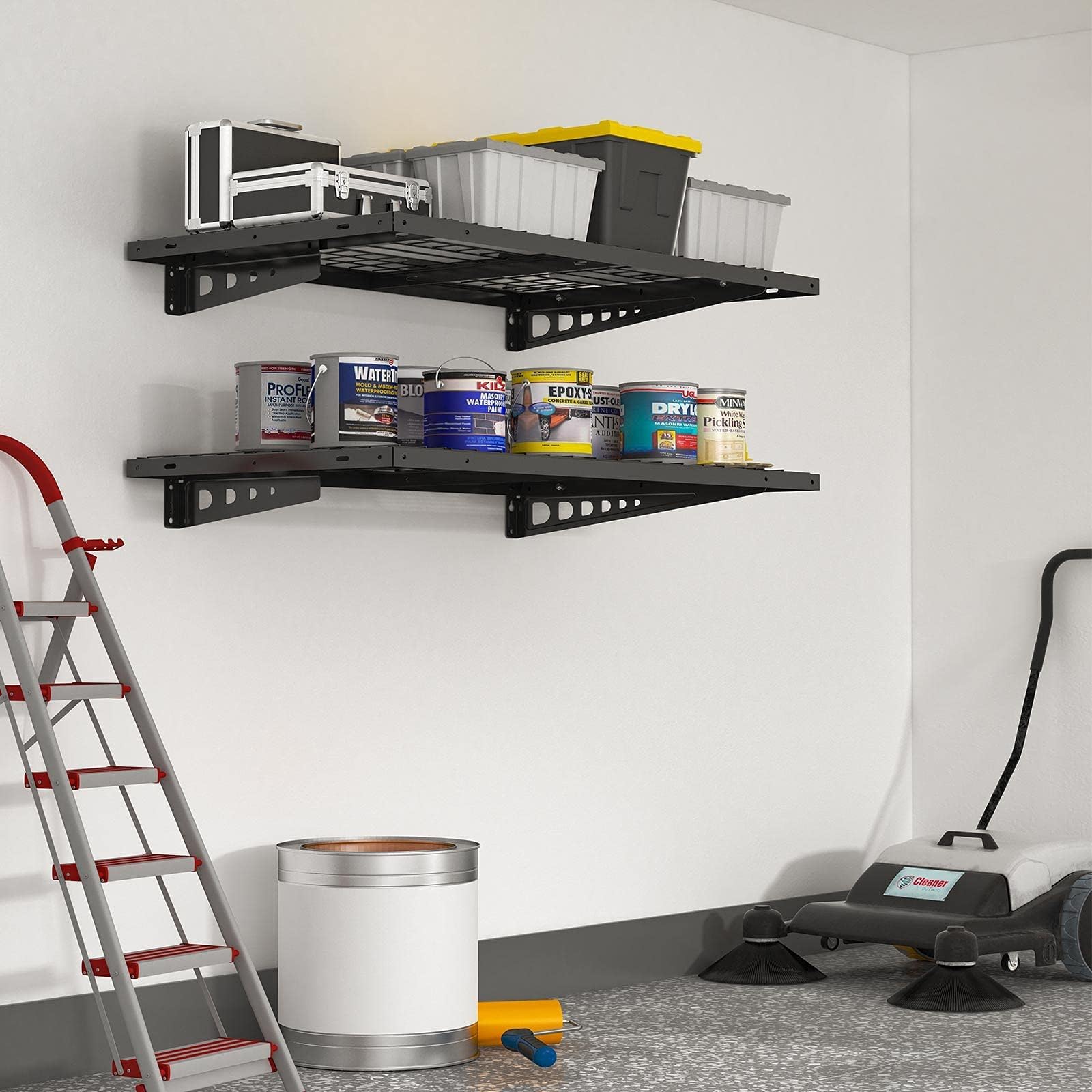 FLEXIMOUNTS includes four shelf brackets and a reinforcing plate for extra stability.