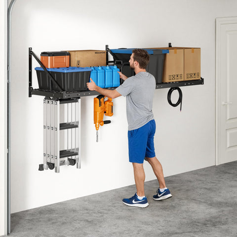 Fleximounts organized garage with overhead shelving frees floor space.