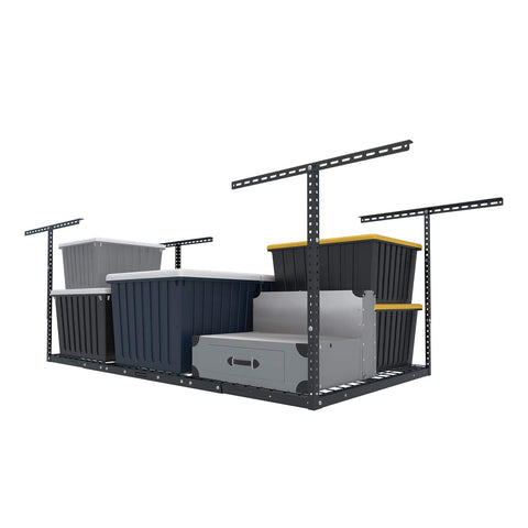 FLEXIMOUNTS overhead storage rack securely mounted to ceiling joists for space-saving storage